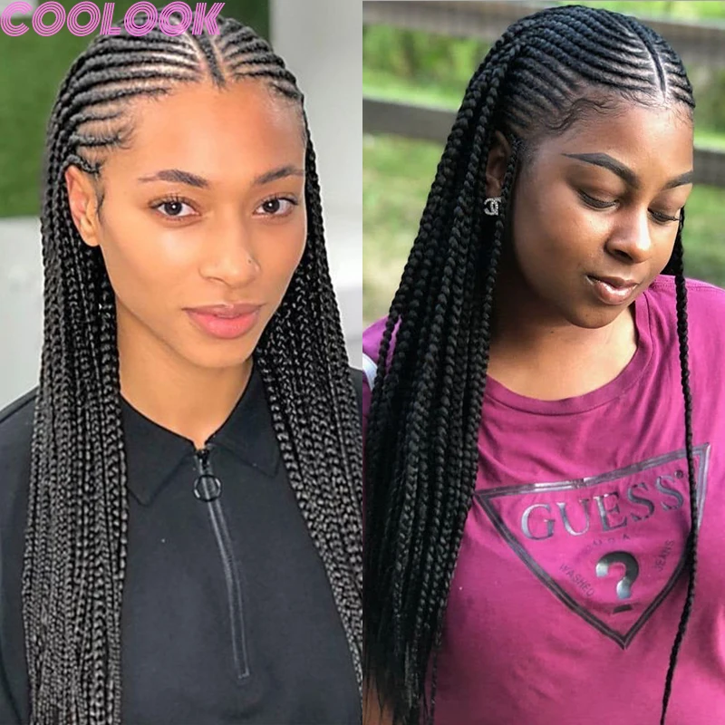 36'' Synthetic Lace Front Box Braided Wigs Black Distressed Knotless Braids Lace Frontal Wig Cornrow Braid Wig Fringe with Bangs