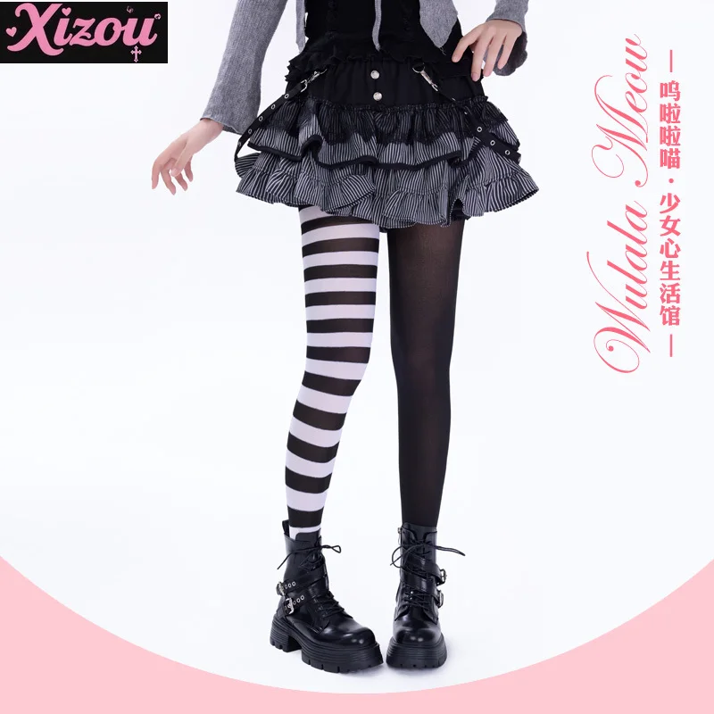 

Japanese Dark Goth Black and White Striped Stockings Sweet Cool Girl Lolita Socks Asymmetrical Pantyhose for Women