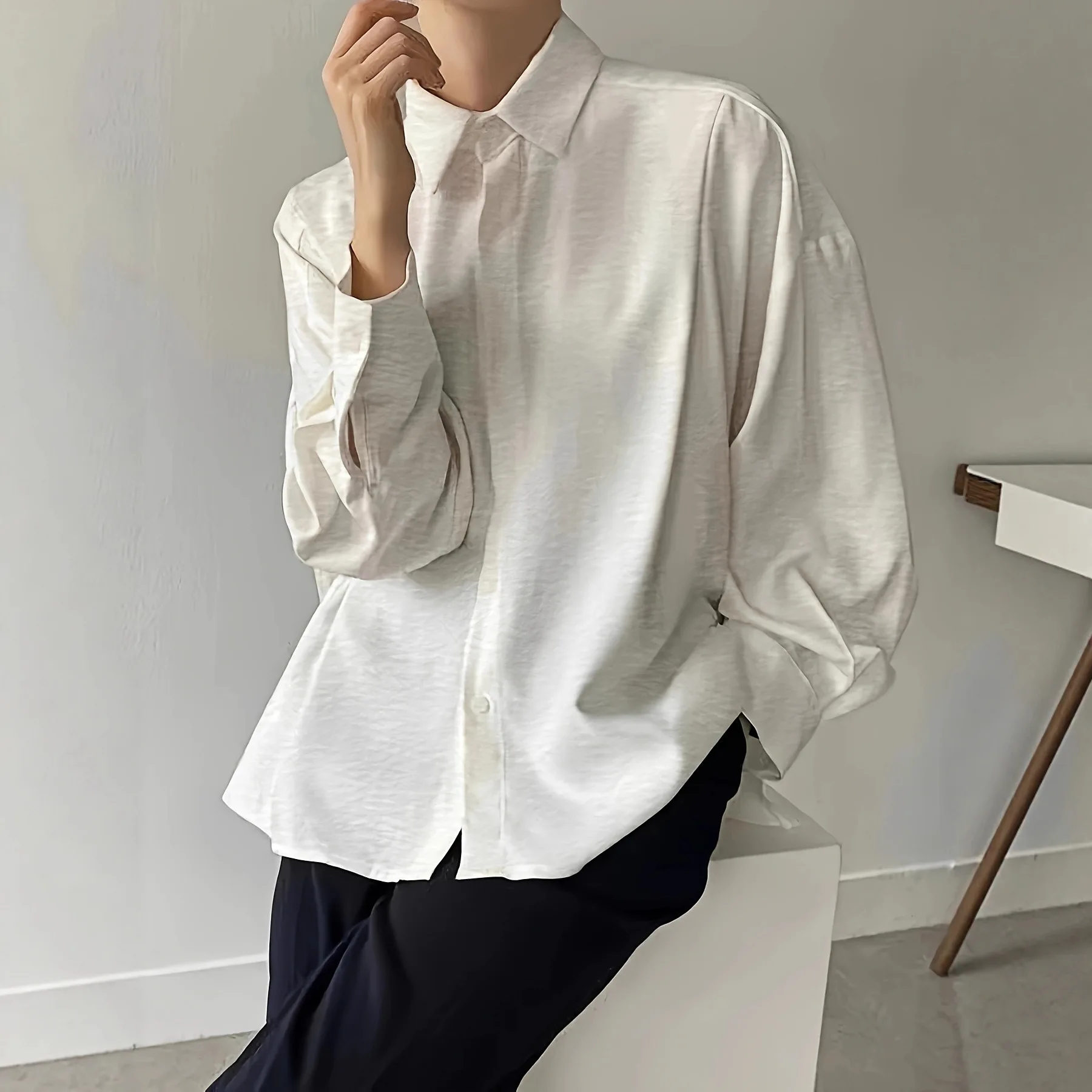 

Womens Top Spring New Korean Version Back Pleated Simple Long Sleeved Loose Button Pleated Solid Color Lapel Shirt Daily Simple