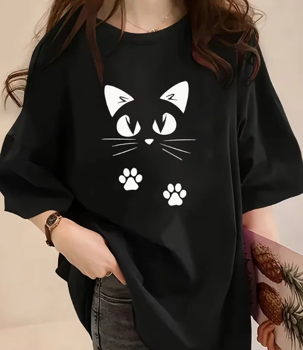 Cute Cat Print Short Sleeve T-shirt for Women Men Kawaii Cat Face & Paw Crew Neck Tee Casual Versatile Minimalist Graphic Top