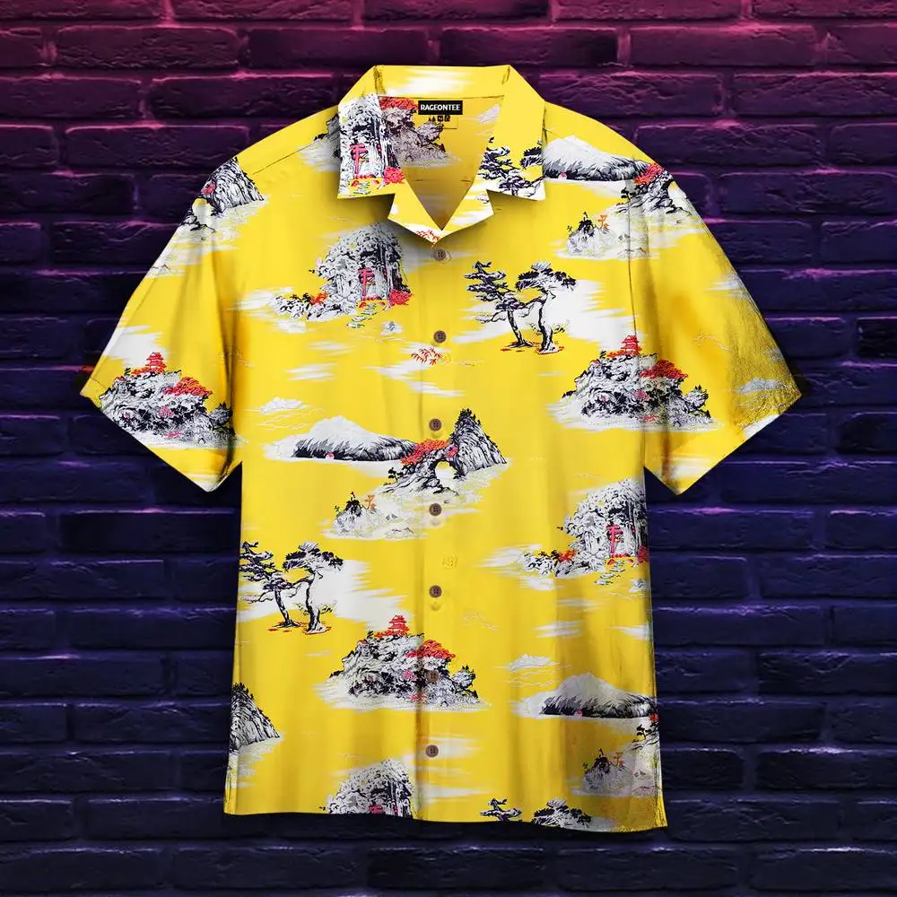 Nieuwe Heren Hawaii Gele Shirts Creatief Chinese Landschapsschilderij Aloha Shirts Met Korte Mouwen Cubaanse Stijl Zomer Plus Size