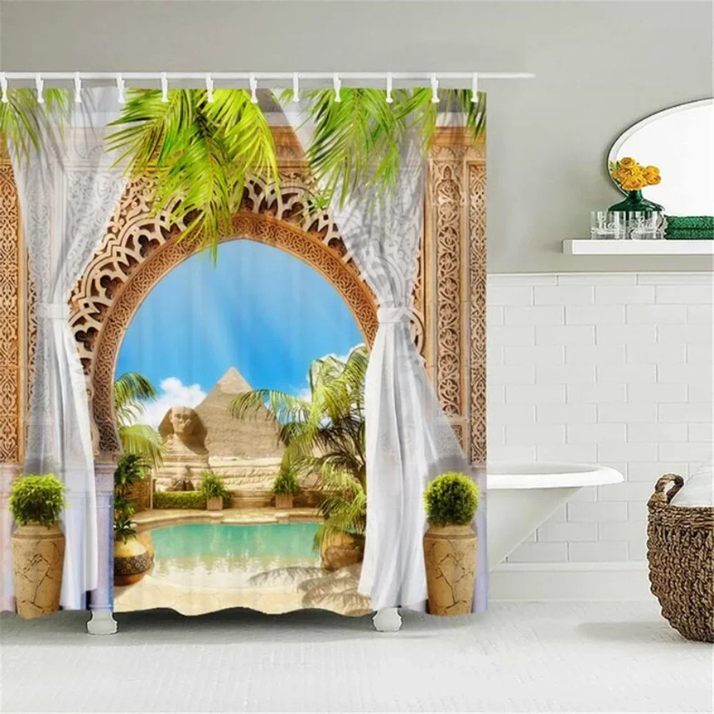 Home Wall Decor European Building Garden Patio Landscape Shower Curtains Bathroom Curtain Waterproof Bath Curtains for Bathroom