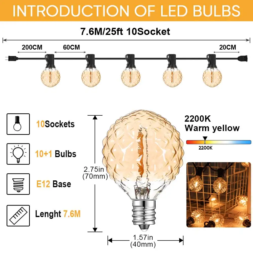 LED New Year's Garland String Lights G40 110V 220V Globe Amber Glass Bulb Connectable E12 Outdoor Hanging Light for Backyard