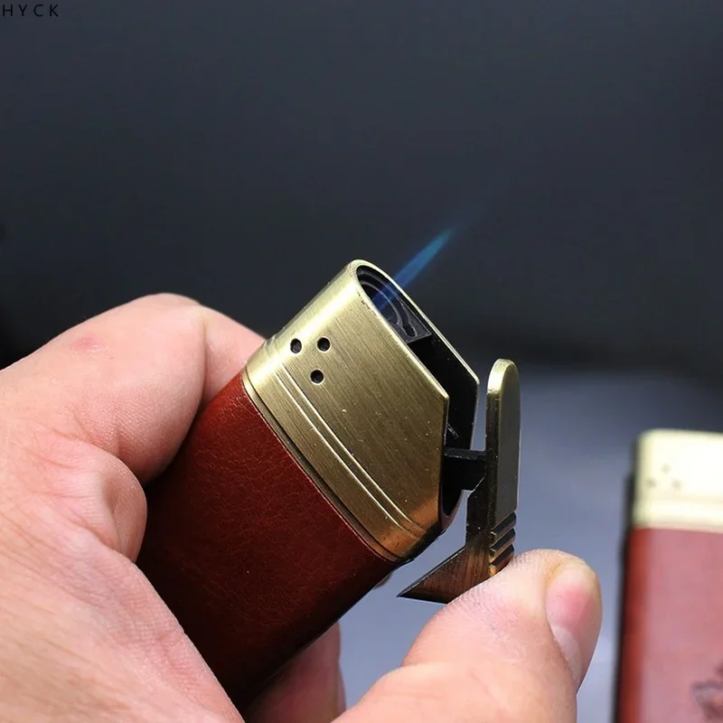 Business lighter, high-end metal leather, inflatable windproof blue flame, straight towards cigar, personalized lighter