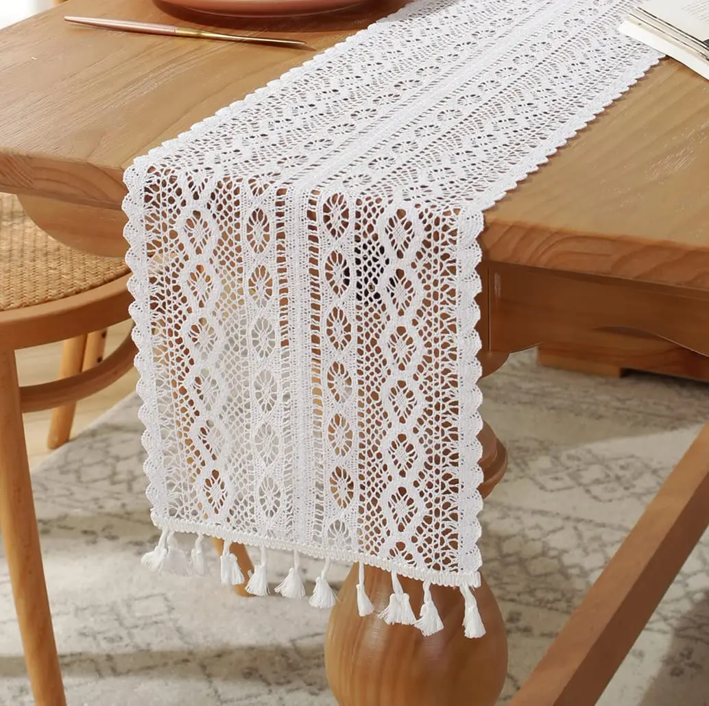 

Boho Crochet Table Runner, Beige Vintage Bohemian Macrame Table Runner for Coffee Dining Table, Kitchen Dresser Decor