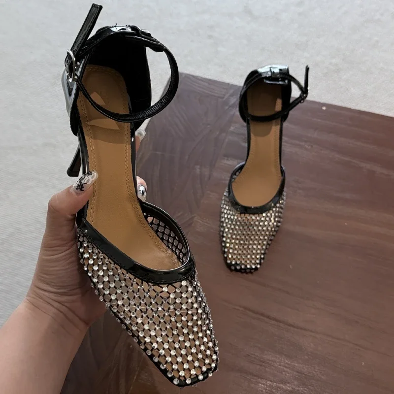 

Mesh Rhinestone Luxury High Heeled Sandals for Women Street Style Sexy Thin Heel Dress Shoes Hollow Shiny Designer Pumps Women