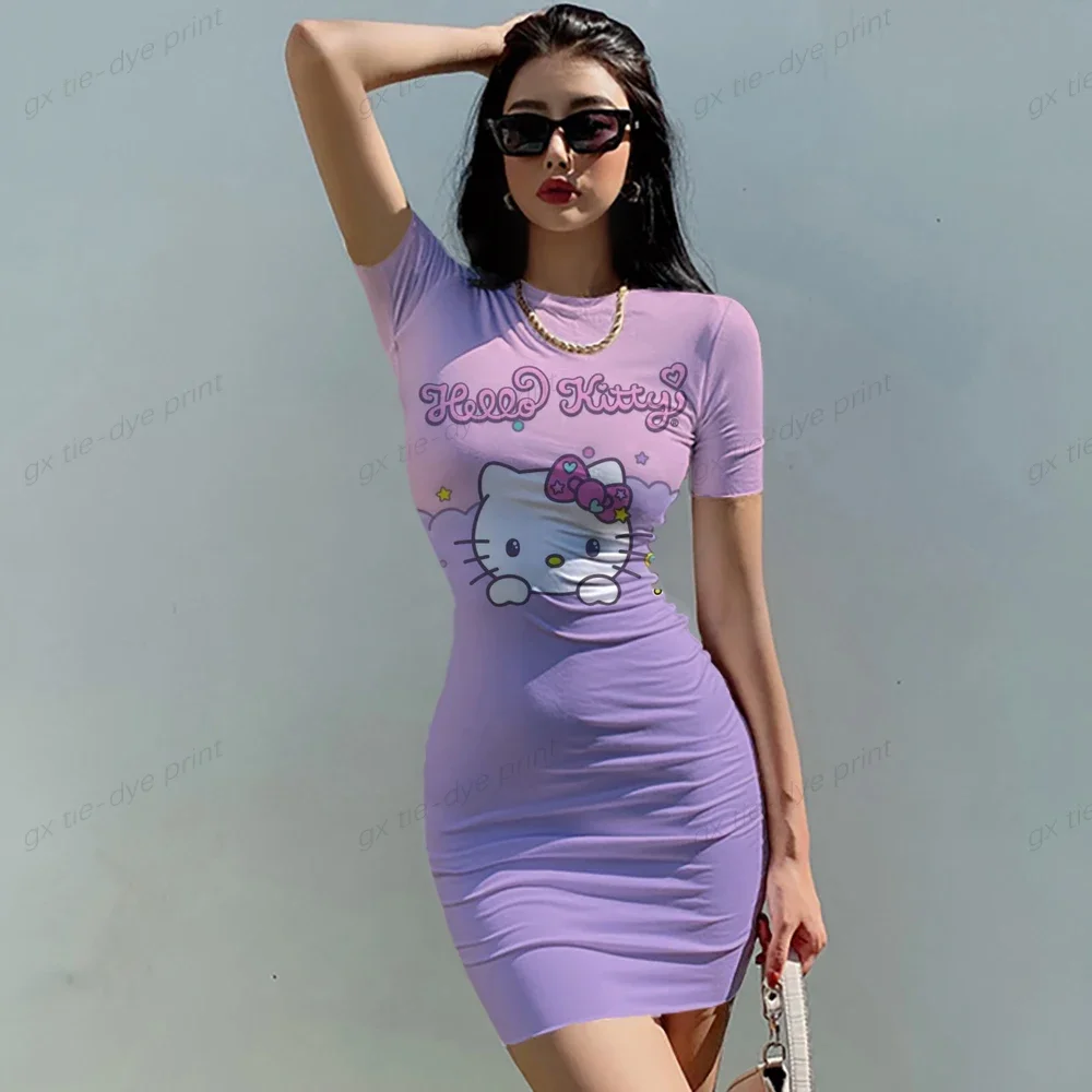 Hello Kitty Print Zomerjurk Sexy O-Hals Casual Nauwsluitende Off-Shoulder Korte Bodycon Stretchy 2023 Jurk Vrouwen