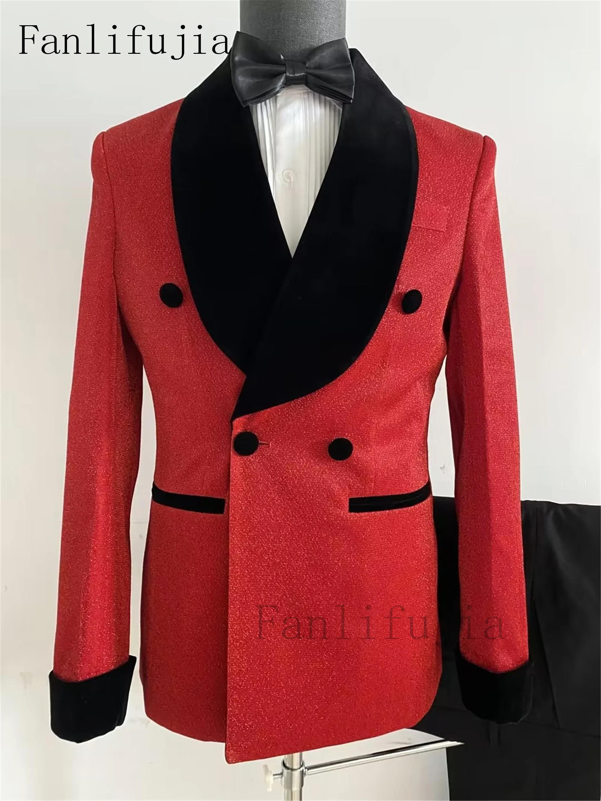 Fanlifujia-trajes de lujo con purpurina roja para hombre, esmoquin de boda para novio, chaqueta con doble botonadura, vestido Formal de fiesta de noche y graduación, conjunto de 2 piezas