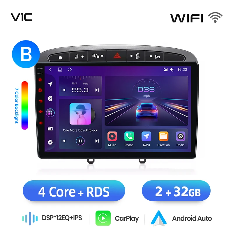 Junsun draadloze CarPlay Android Auto autoradio voor Peugeot 308 / 308 SW Mk1 (T7) / RCZ / 408 2007-2015 met ingebouwde koelventilator, Android GPS navigatie, multimediaspeler, WiFi, DSP, RDS, BT,
