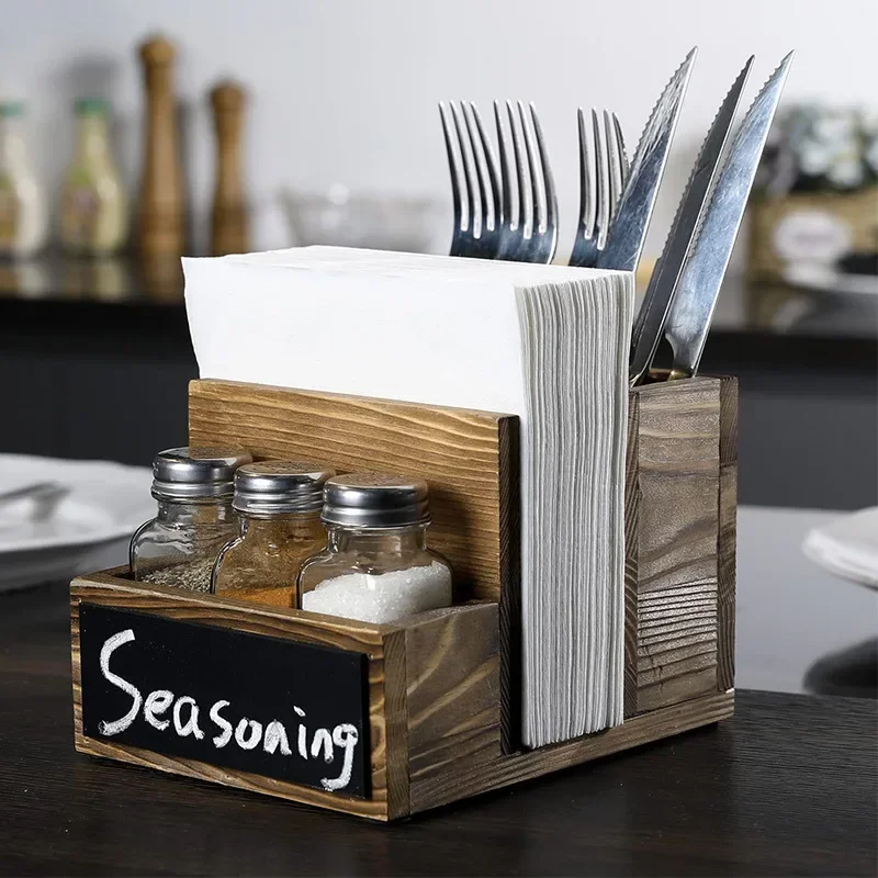 Kitchen Desktop Tissue Holder Box Multi-purpose Restaurant Wooden Seasoning Rack Square Erasable Blackboard Storage Rack