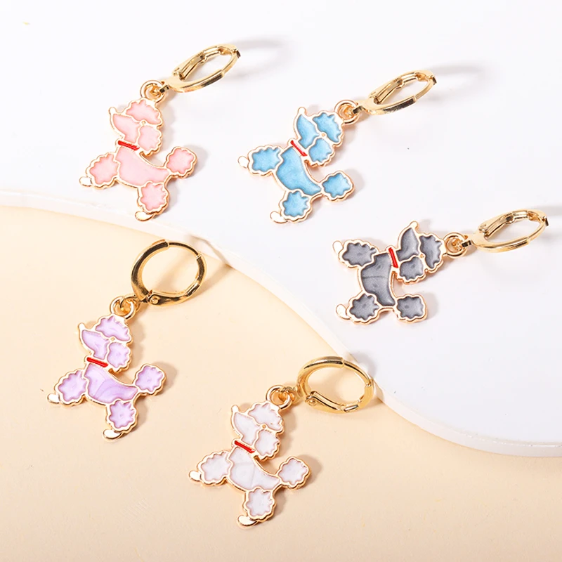 5 Colors Cute Enamel Poodle Dog Drop Hoop Earrings Delicate Cartoon Animal Charms Dangle Earrings For Women Girls Jewelry Gifts