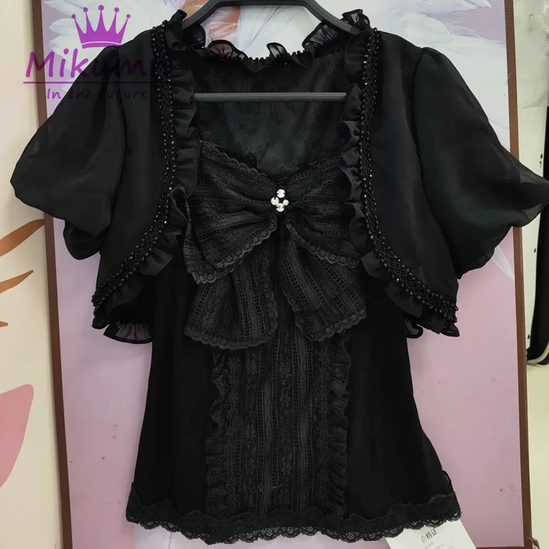 Mikumn Gothic Lolita Black Lace 3 Piece Set Women Puff Sleeve Cardigan+Bow Cami Top+Cake Mini Skirt Y2K Aesthetic Kawaii Outfit