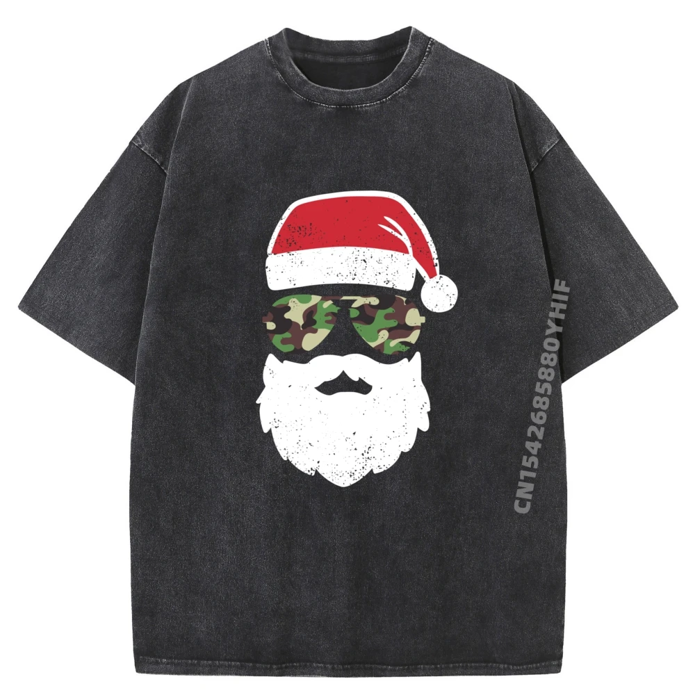

Funny Santa Claus Face Sunglasses Camo Camouflage Fall Clothes Aesthetic Clothes Outdoor Washed Tops T Shirt Print Christmas Day