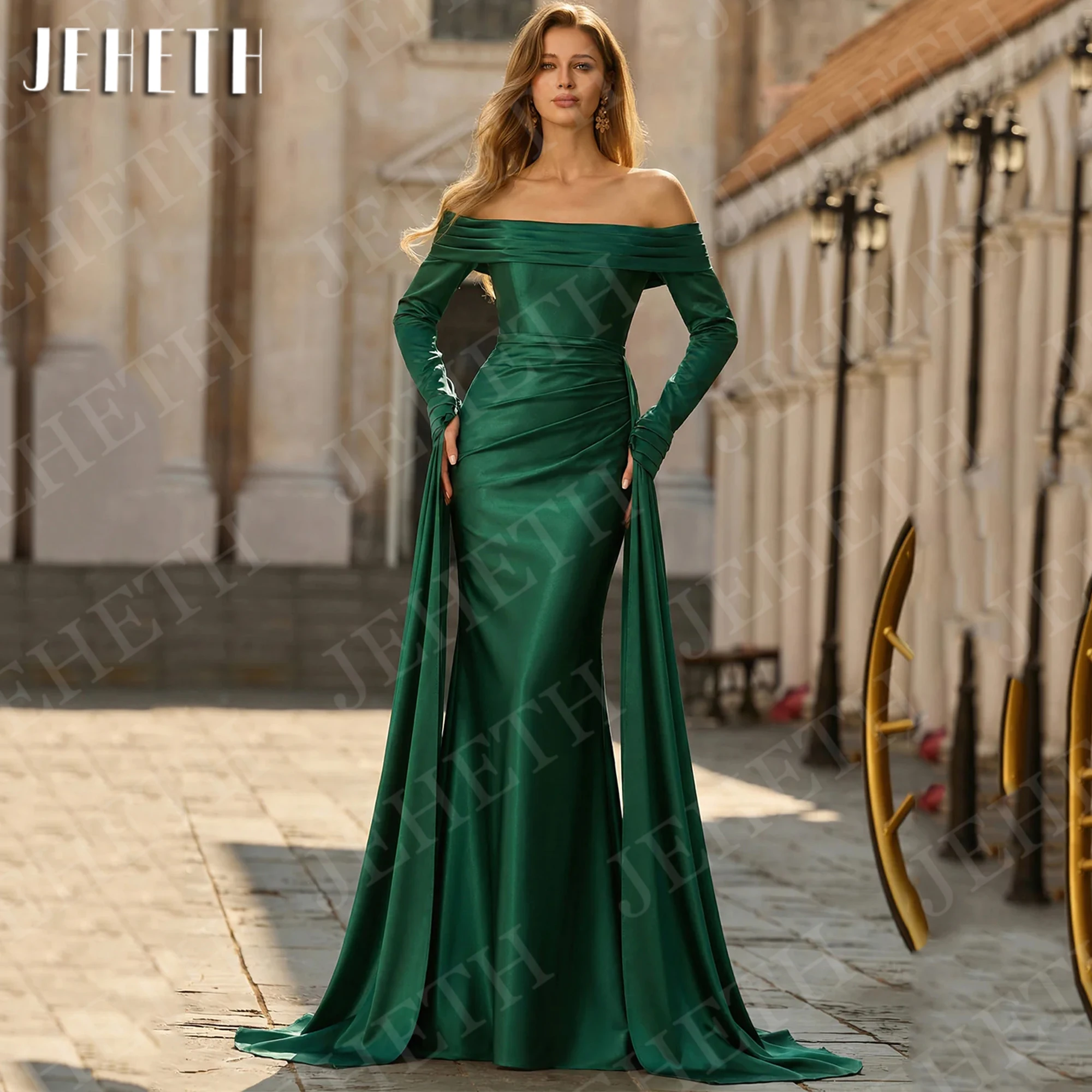

JEHETH Evening Dress Off Shoulder Long Sleeve Green Formal Mermaid Satin Elegant Party Dresses Customized vestido invitada boda