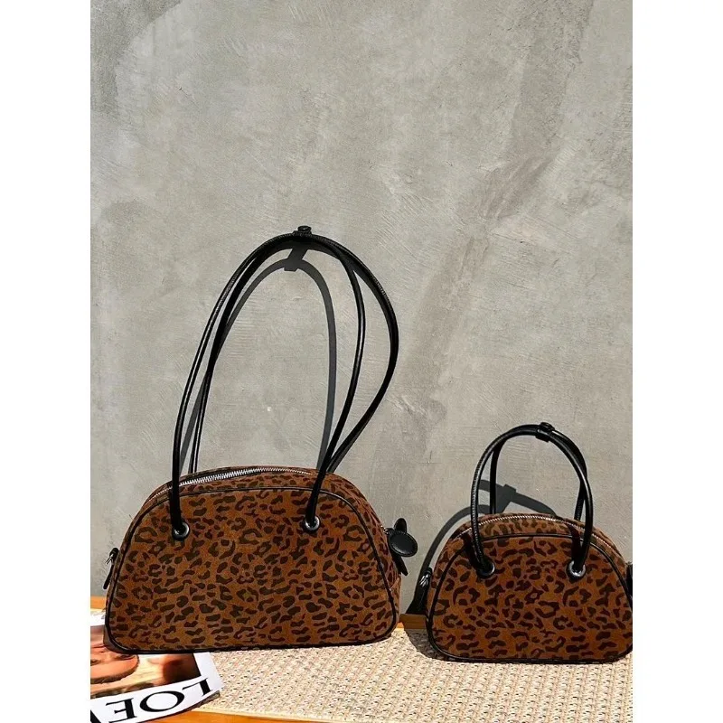 High Quality Suede Leopard Print Bowling Handbag Women Leather Under Armpit Versatile Shoulder Crossbody