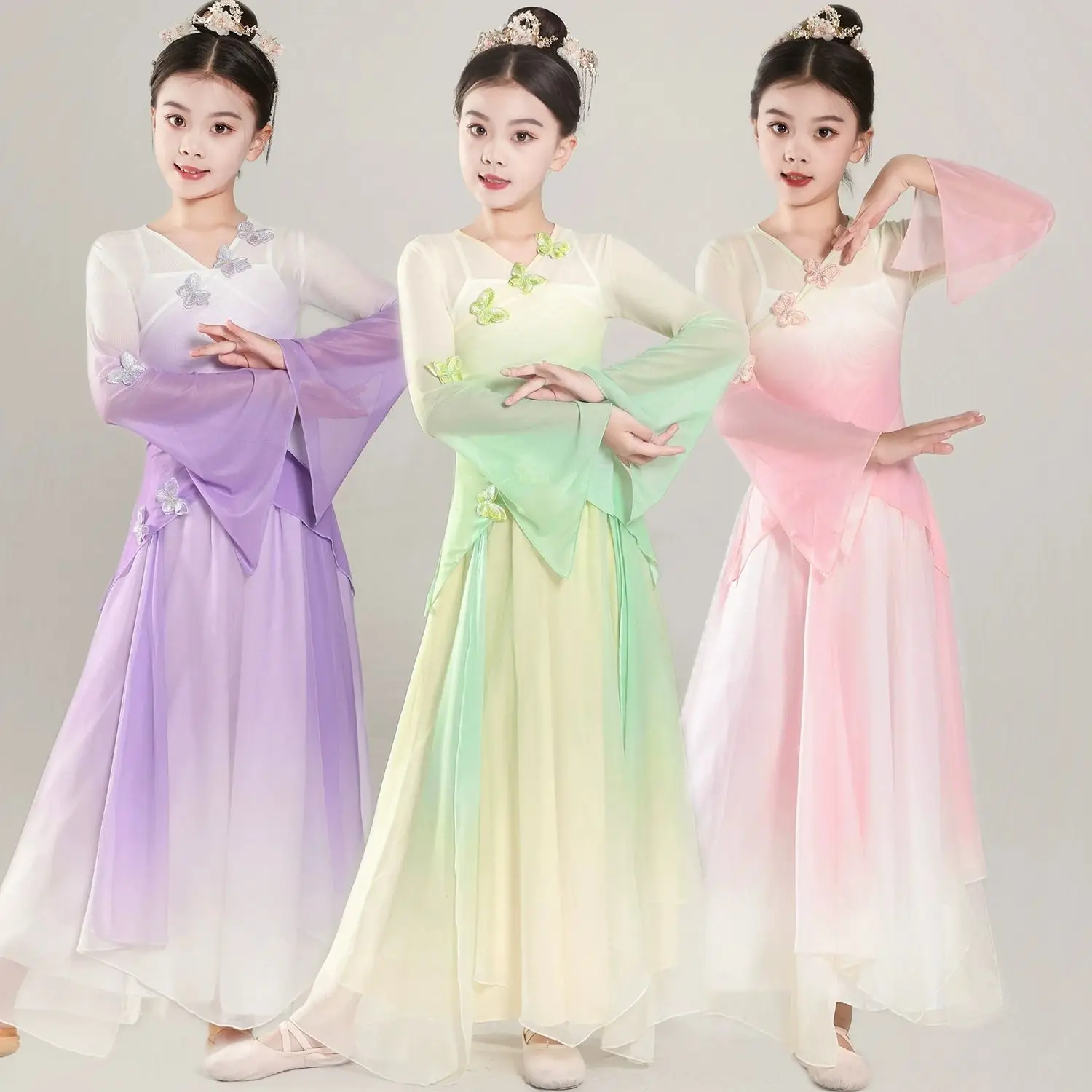 Kids Classical  Fan Chinese Dance Art Exam Body Movement Gauze Dress Fairy Flowing Practice Costume Performance Costume