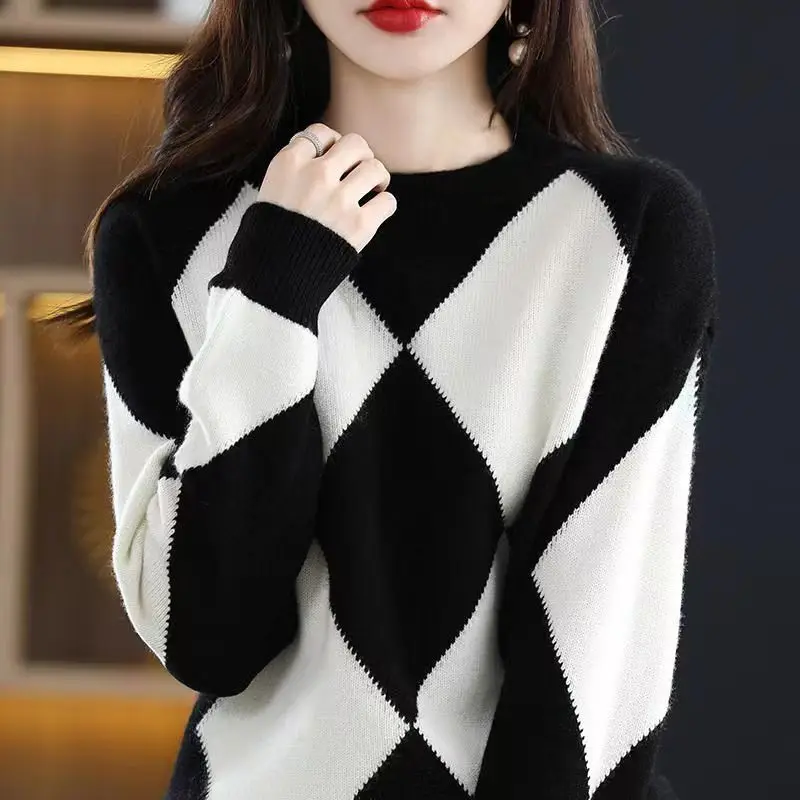 Women\'s 2023 Autumn and Winter New Sweater Round Neck Vintage Argyle Contrast Color Knit Long Sleeve Loose Pullover Bottom Tops