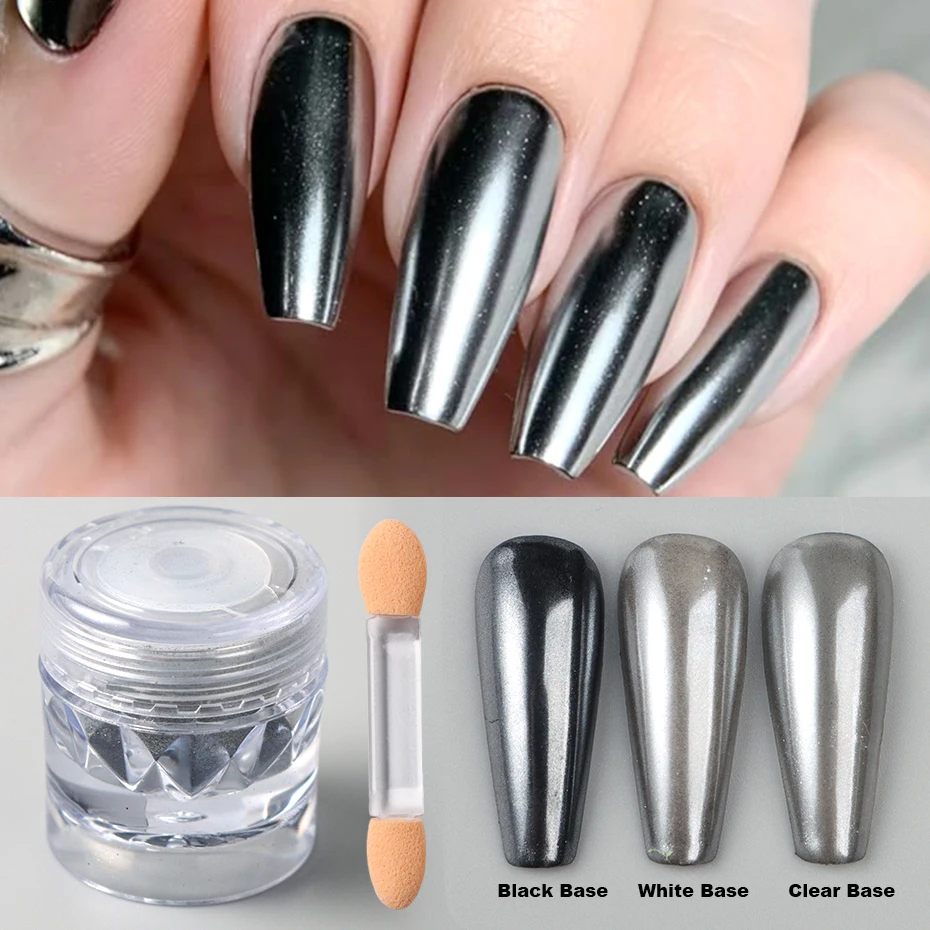 Polvo de uñas con espejo cromado negro Y2K, pigmento nacarado metálico, estilo gótico, decoración de polvo para frotamiento, manicura