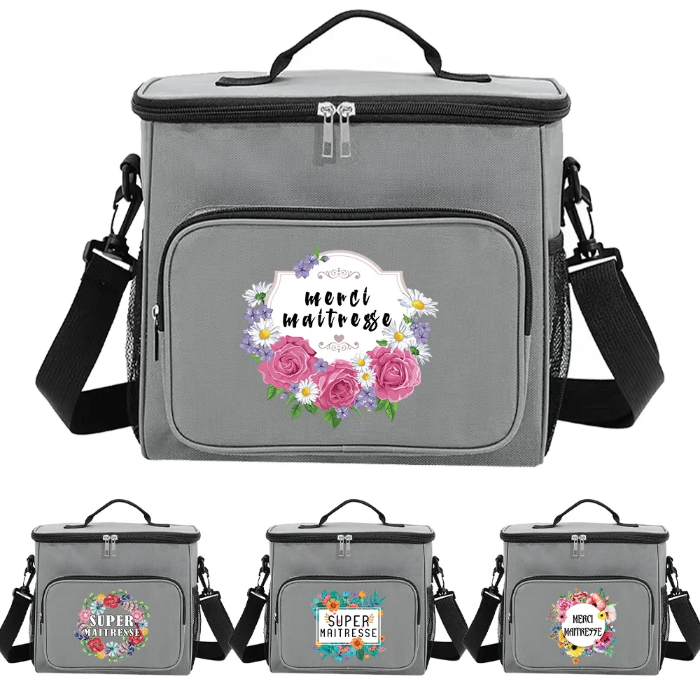 2024 Portable Lunch Organizer Bag Grey Color for Teens Stylish Maitresse Printing Series and Insulated Cooler Dinner Box