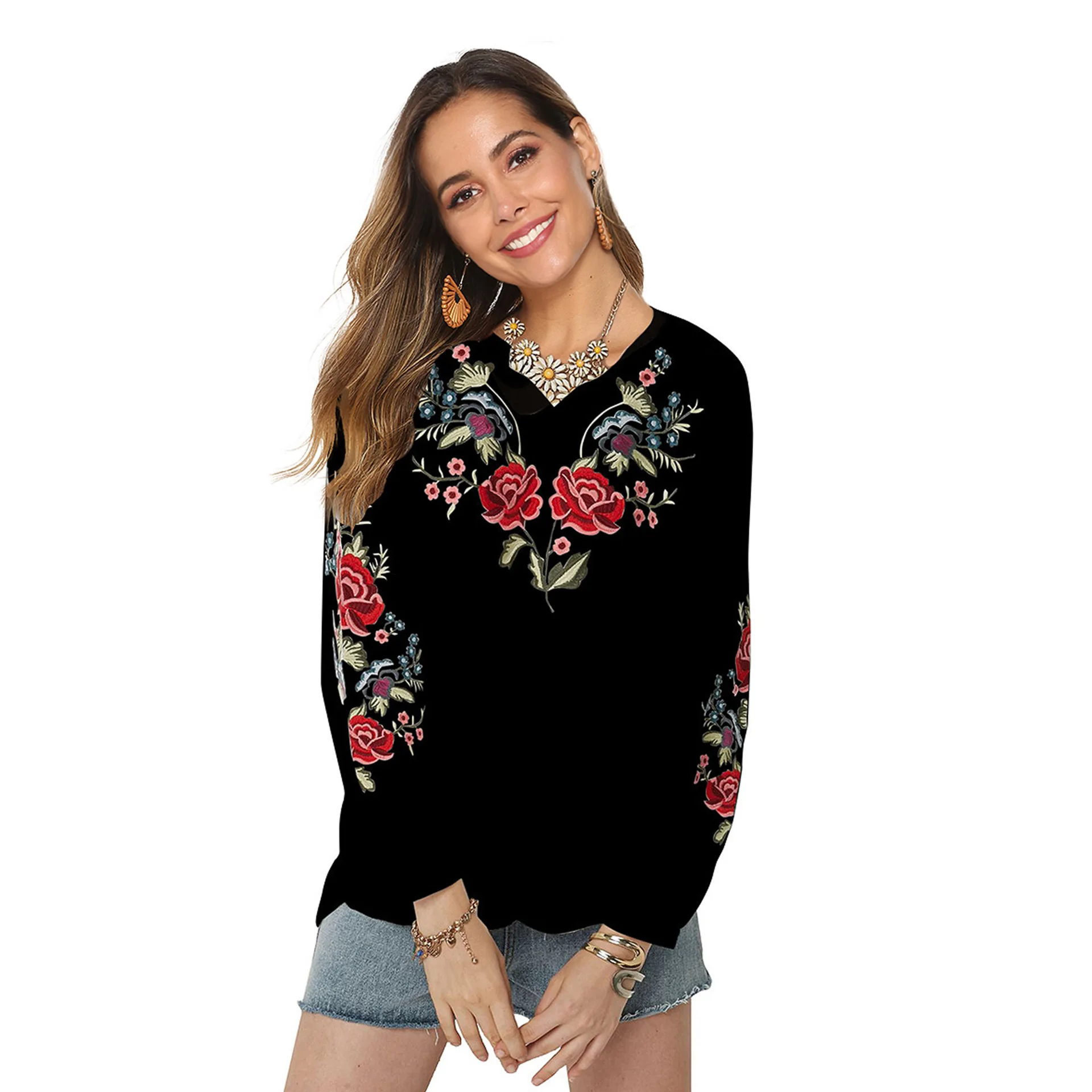 Eaeovni Women\'s Summer Embroidery Mexican Bohemian Cotton Tops Shirt Tunic Blouses woman tshirts