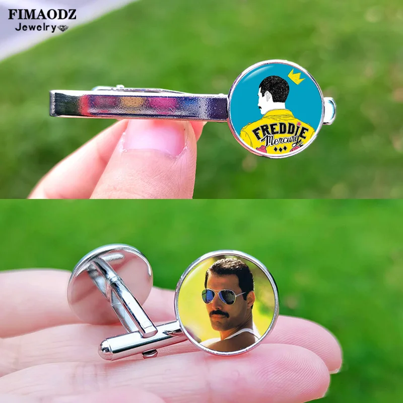 Freddie Mercury Cufflinks for Mens Band Queen Rock Singer Art Poster Glass Cabochon Cuff Links Buttons High Quality Tie Clip