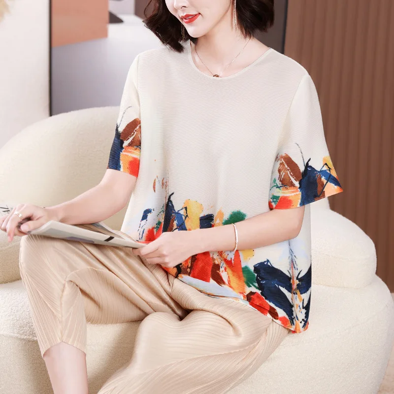 

Miyake Mom Spring Wear Young and Beautiful Fashion Print T-shirt Women 2023 New Loose plus Size Crew Neck Top 3/4 Sleeve