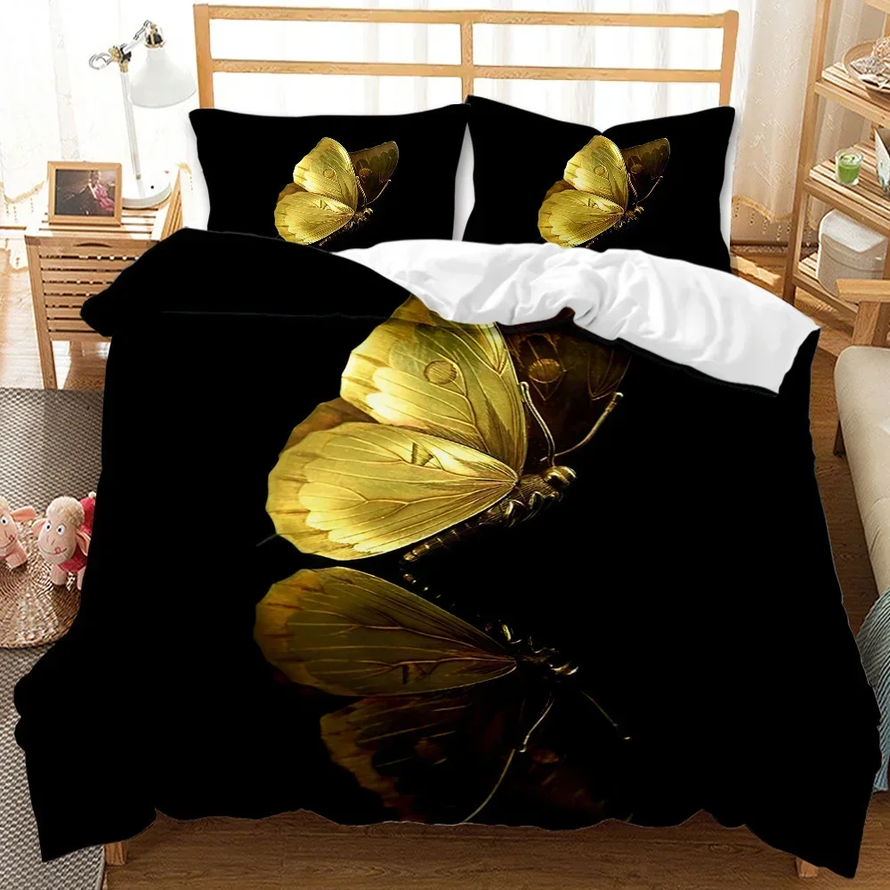 

Golden Butterfly Pretty Blue Butterfly Comfortable Duvet Cover Pillowcase Bedding Set Children Bedroom Decoration Home Textile