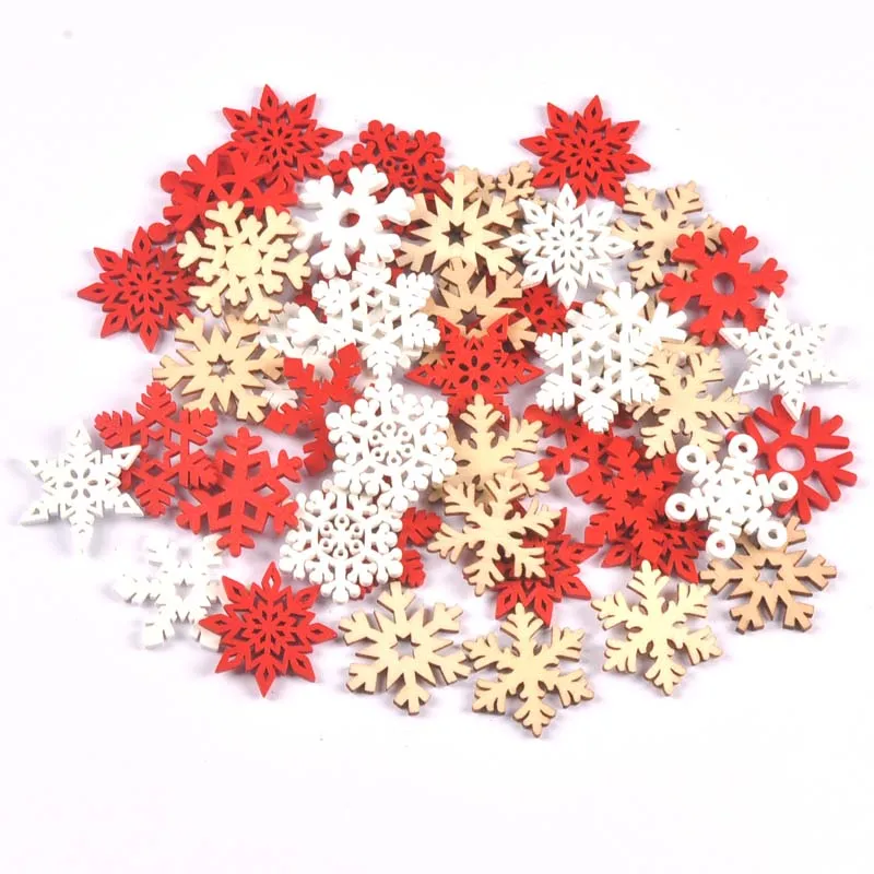 50pcs Mixed Wood White Christmas Snowflake Scrapbooking Crafts For DIY Accessories Home Decoration Tree Ornament MT3295