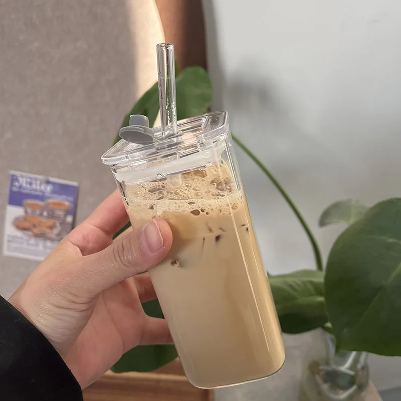 Taza de cristal de café resistente al calor con tapa y pajita, tazas cuadradas transparentes para té de la leche, zumo, taza de café para Bar en casa