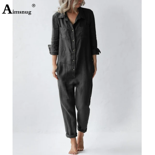 Kobiety Proste Kombinezony Boho Plus Size Kobiety Casual Street Kombinezony Kobiety Wysoki krój Spodnie z szerokimi nogawkami Body z długim rękawem Onesie