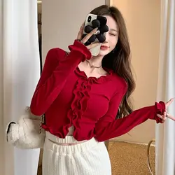 Ruffles Korean Fashion Pullover Vintage Knit Long Sleeve Tees Designer Tops Youth Luxury Clothing Sweater Women