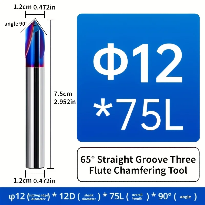 CNC Router Bit for Hard Alloy Chamfering, HRC65 Nano Blue Coated 3-Flute Solid Carbide 90 Degree Chamfer End Mill