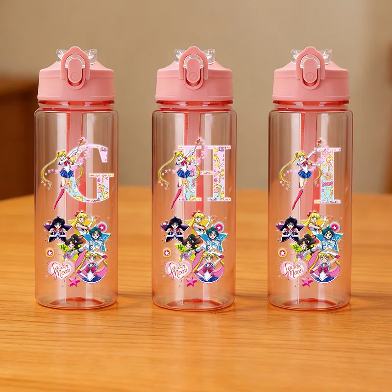 Sailor Moon Wasserflasche mit Strohhalm, Anime, 26 Buchstaben, Initialen, große Trinkflaschen, Mädchen, Sommer, Freizeit, Sport, 900 ml Wasserbecher