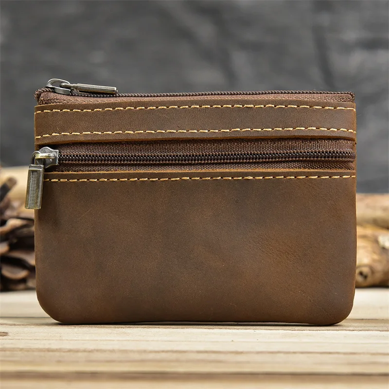 

Crazy Horse Leather Change Vintage Genuine Leather Calfskin Zipper Change Bag Handmade Coin Bag