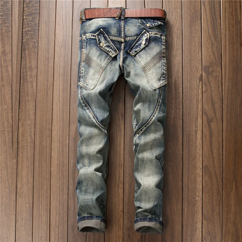 Motorcycle Jeans Men's Retro Distressed Stitching Street Trend Slim Fit Skinny Handsome Cool Men's Skinny Trousers