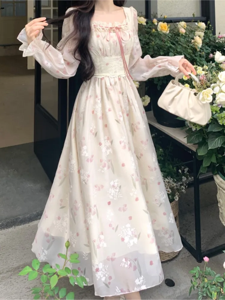 French Floral Print Fairy Midi Dresses for Women Square Collar Lace Patchwork High Waist Long Sleeve A-line Autumn Vestidos New