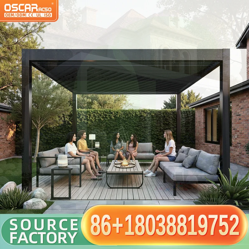 Waterproof Motorized Exterior Pavilion with Louvered Roof for Garden Balcony Shading Bioclimatic Pergola Cover Sun Shelter Outdo