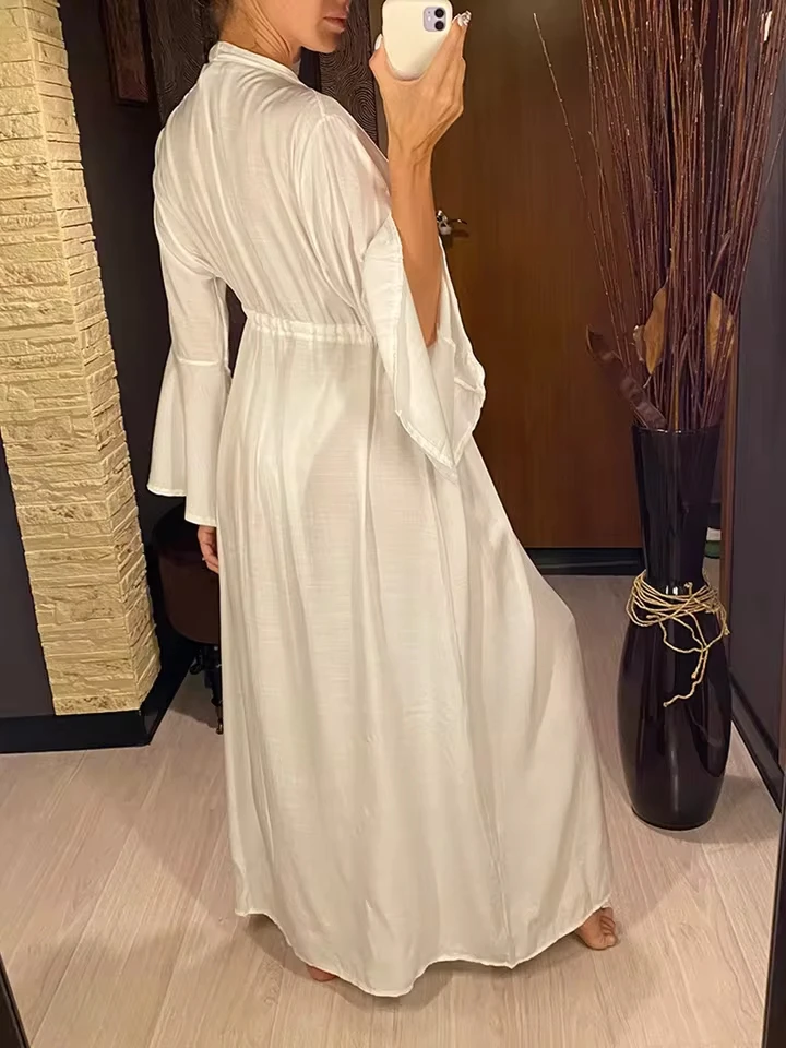 

2026 New Beach Long Maxi Dress Women Beach Cover Up Tunic Pareo White V Neck Dress Robe Swimwear Cover Up Bikini Beachwear V2623