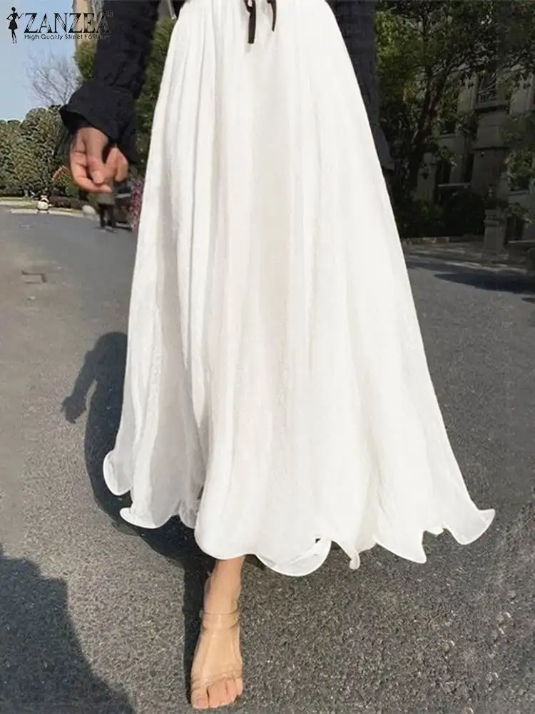 

ZANZEA Women High Elastc Waist Faldas Chiffon Swing Skirts Fashion Holiday 2024 Summer Long Jupes Korean Pleating A-line Skirts