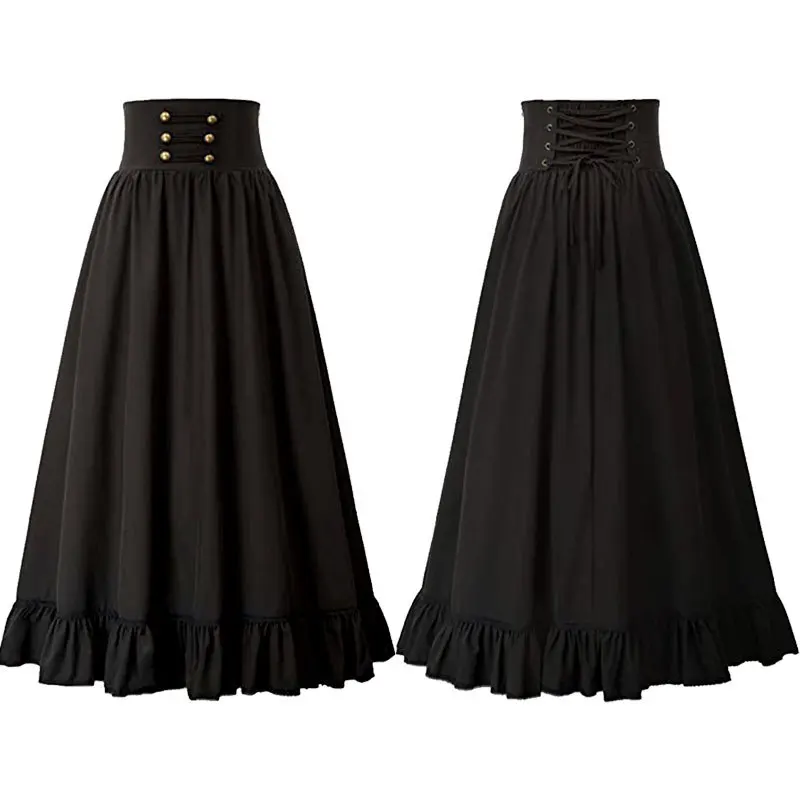 Women Skirt Summer Clothes Gothic Maxi Skirt High Waist Ruffled Hem A-Line Elastic Waist Vintage Pleated Casual Party Skirt