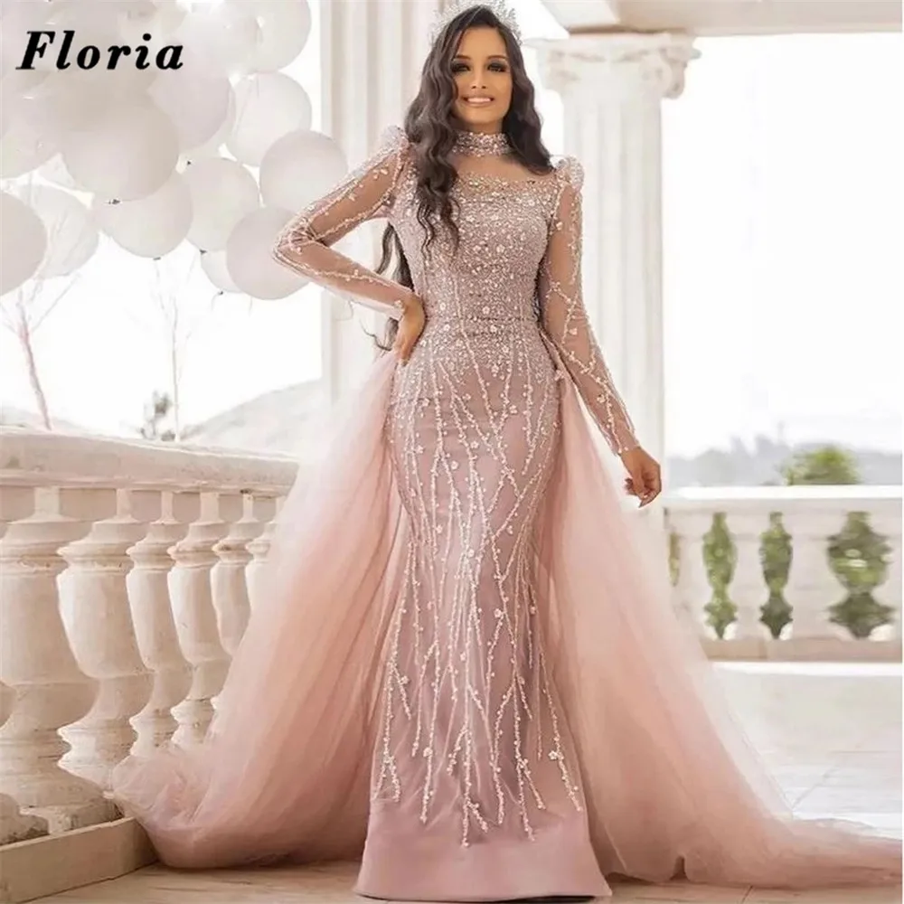 Floria Luxe Kralen Arabisch Prom Dresses Afneembare Trein Sparkly Lange Roze Kristallen Avondjurk Saudi Arabië Partij Jassen 2022