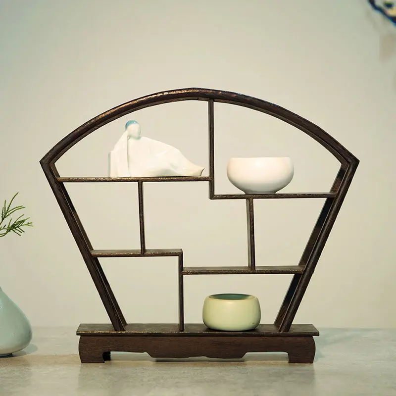 Traditional Rosewood Round Wooden Vintage Vintage Retro Bookshelf for Tea Pots Crafts Rosewood Crafts Shelf 7 Compartment