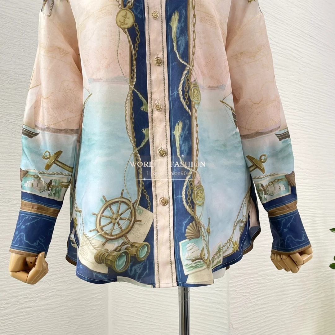 

Pink Blue Floral Print Long Sleeve Blouse Tops and Pant Set 2025 New Design