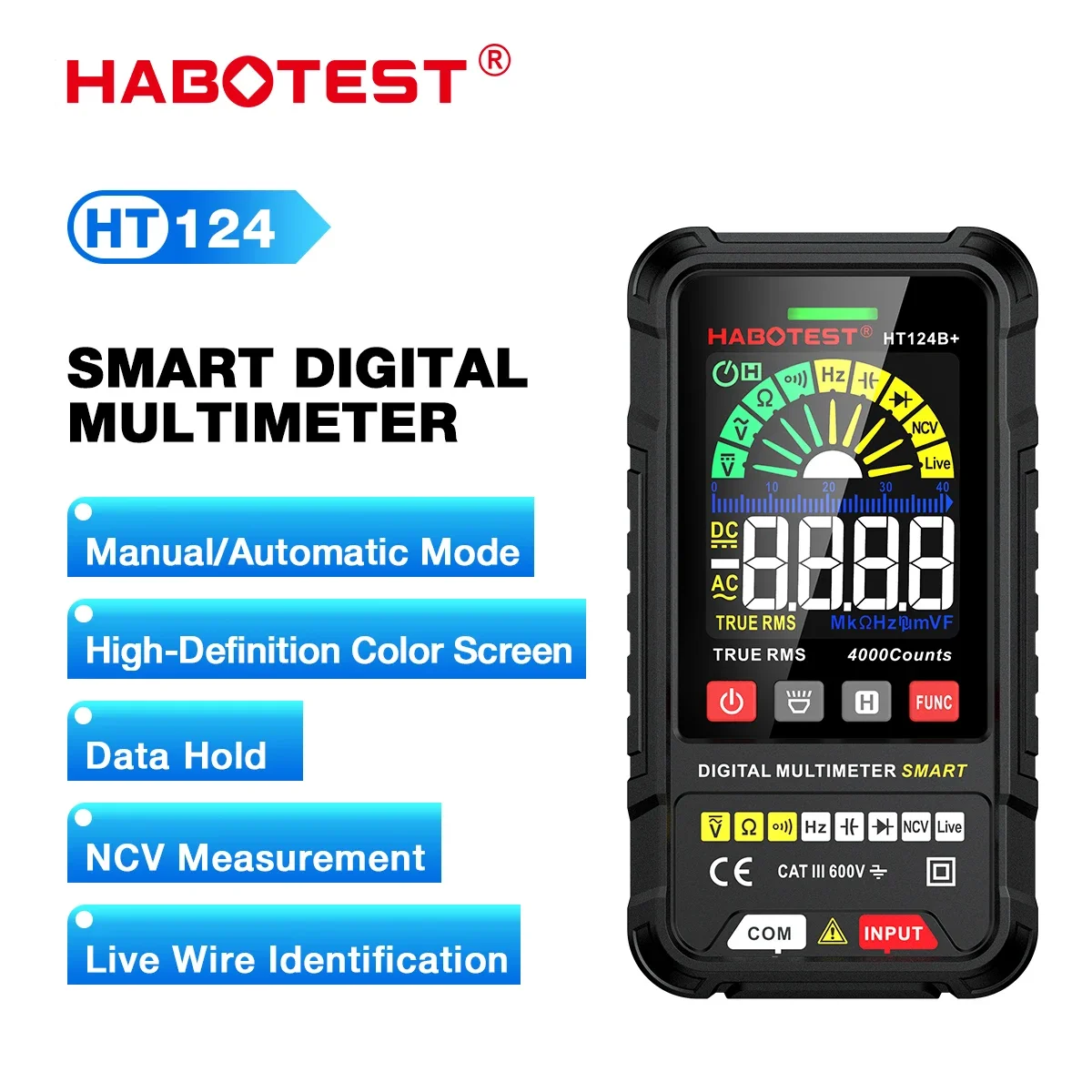 HABOTEST HT124 Digital Multimeter 4000 Counts Auto Range Voltage Tester Ohm Hz Capacitance True RMS AC DC DMM Multitester