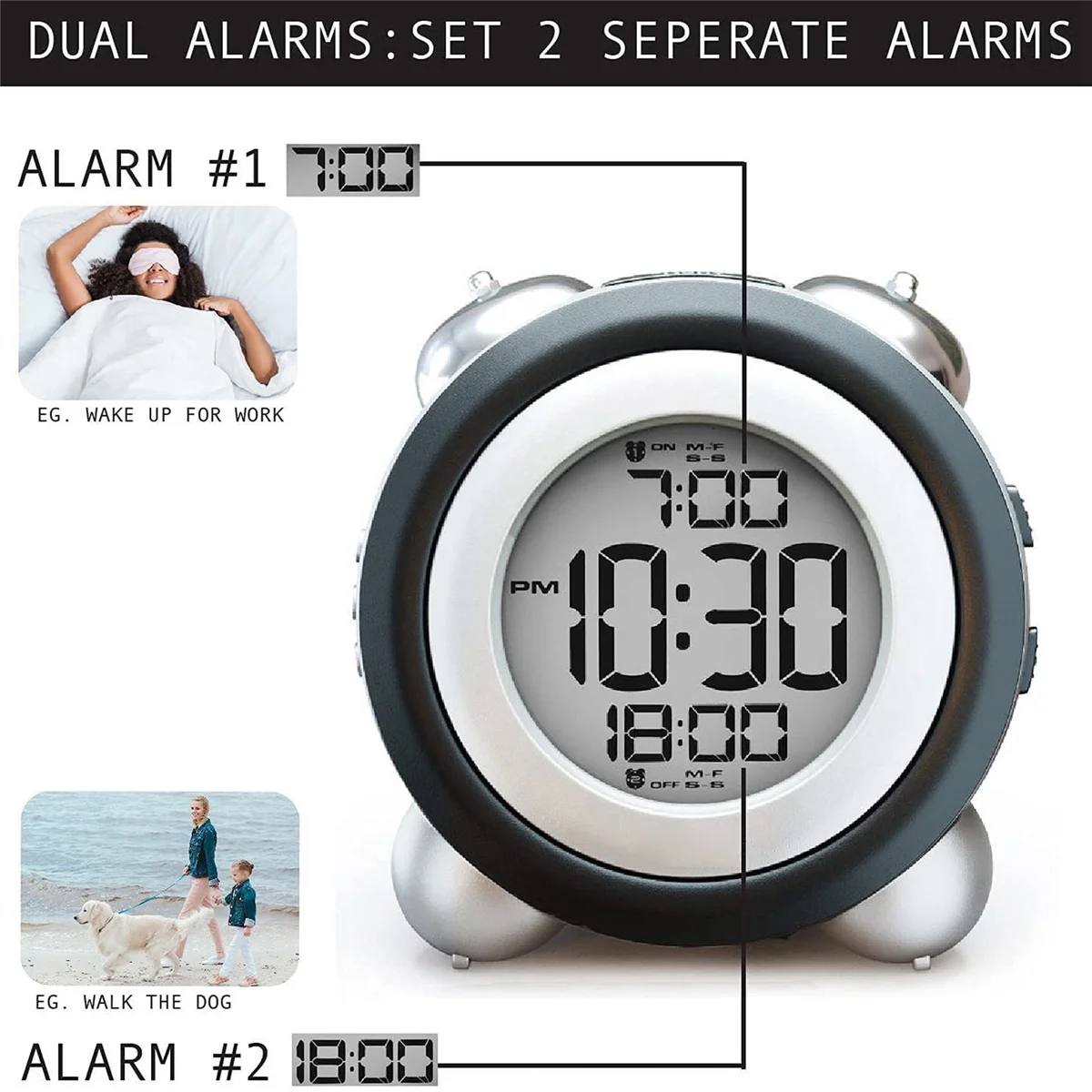 B49CDigital Alarm Clock,Time Date Display Twin Bell Very Loud for Heavy Sleepers Dual Alarm Blue Backlight for Teens