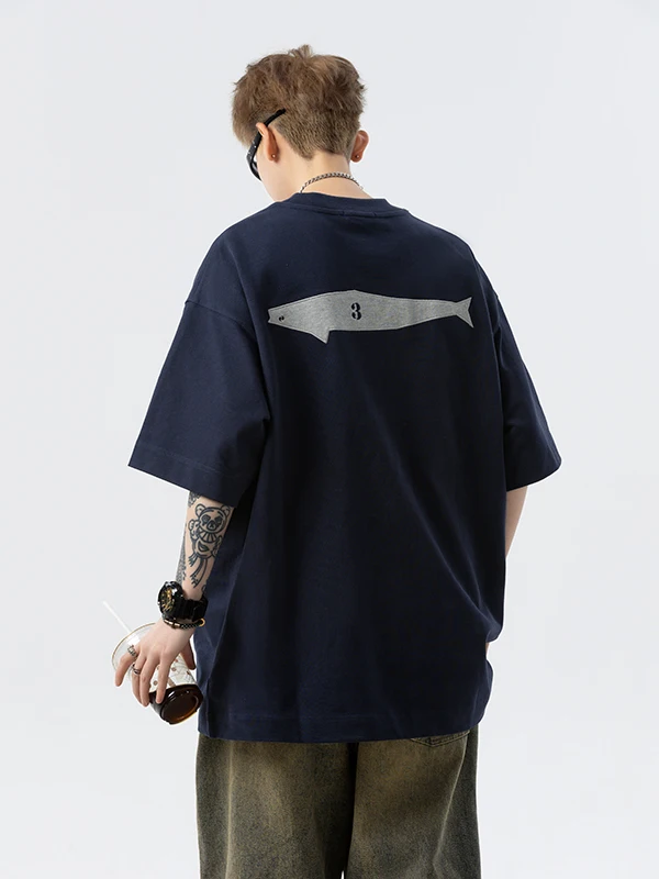 

Модная мужская футболка с коротким рукавом и нашивкой в виде кита, летняя, из американского чистого хлопка, плотная, повседневная, свободного кроя, с полурукавом.