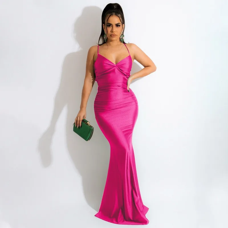 Elegant Party Dress For Woman Evening Long V Neck Sleeveless High Waist Spaghetti Strap Ruched Green Maxi Dress On Clearance view 2