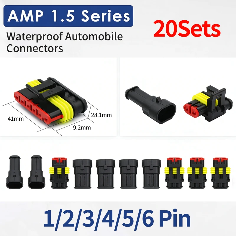 20Sets AMP Waterproof Connector 1/2/3/4/5/6 Pin, 12A IP68 Electrical Plug for Automotive, Truck, Car & Motorcycle Wiring Harness