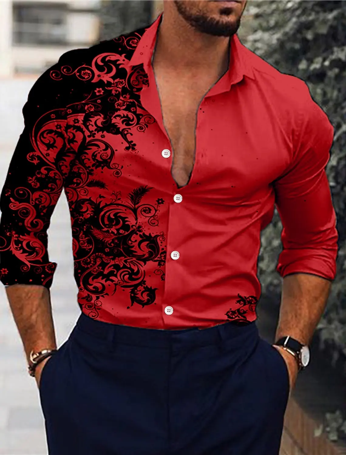 Men Shirt Floral Print Long Sleeve Button-Down Tops Turndown Green Black Blue Red Brown Daily Holiday Fashion Casual Breathable