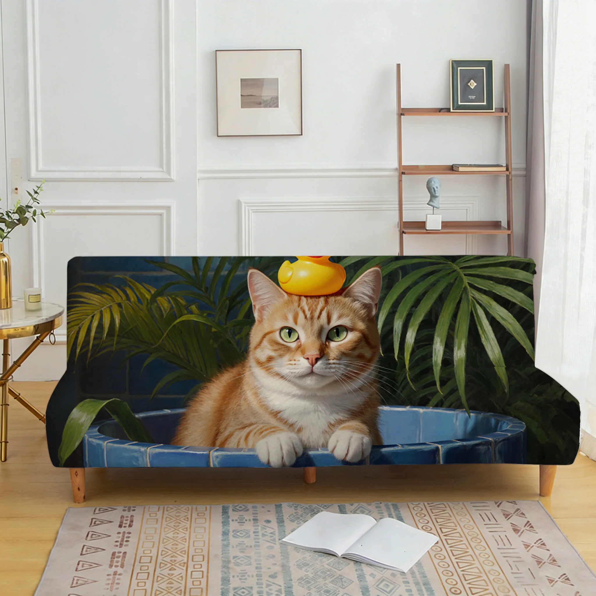 All-inclusive elastic non-slip sofa bed cover, cat yellow duck sofa bed cover, easy to install, machine washable